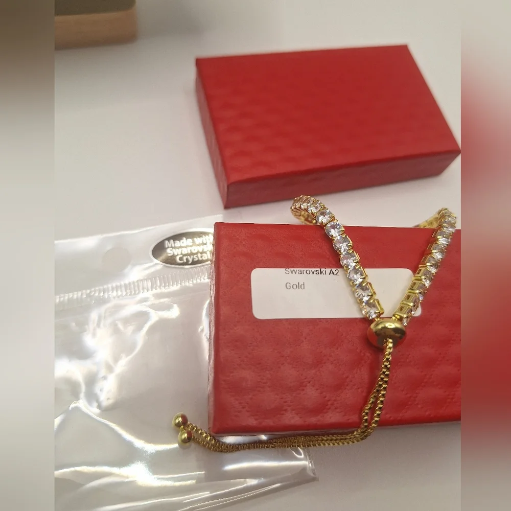 Gold-Tone Swarovski Crystal Adjustable Tennis Bracelet | Slider Style